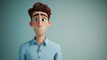 sad, stressed young, 3D cartoon character on a light background
