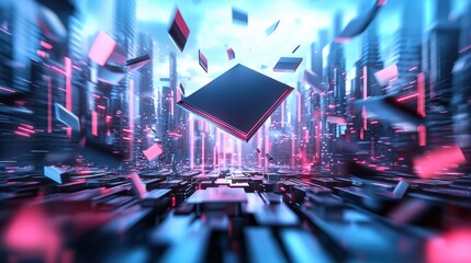 A futuristic digital landscape featuring a prominent chip surrounded by vibrant neon elements and a high-tech city backdrop.