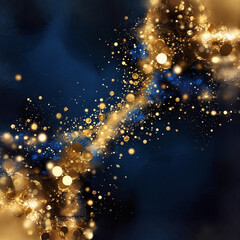 Obraz premium Abstract dark blue and gold particle background with Christmas golden light bokeh, shining particles on navy blue