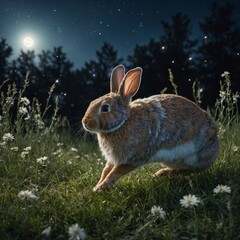 Fototapeta premium A rabbit with sparkling wings hopping across a moonlit meadow.