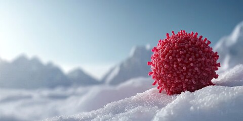 A vibrant red spherical object in a snowy landscape, surrounded by mountains under a clear blue sky, suggesting a contrast between nature and an abstract concept.