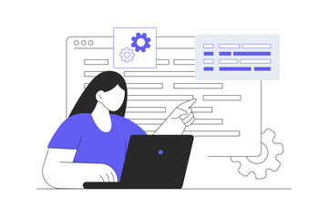 Developer Testing Software. Character software development. Online database, cloud disk. Data storage, information base. Information on monitor screen. Trendy Flat Cartoon Vector Illustration, icon