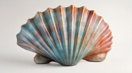 1.A scallop shell with its characteristic fan shape, displaying two hinged, textured valves. The shell has a vibrant color palette with radiating lines that form intricate patterns across its