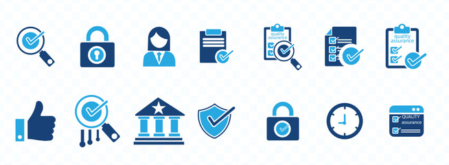  quality assurance icon set .   inspection, evaluation, product, quality assurance, process, testing and more. Solid vector icons collection.