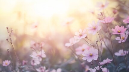 A vibrant field adorned with numerous delicate pink flowers, celebrating the beauty of spring and the joy of Easter festivities.