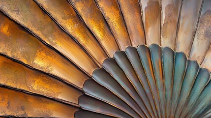 2.Close-up view of a scallop shell, highlighting its fan-shaped structure and intricate radiating lines. Each line emanates from the hinge, creating a sense of movement and texture. The shellâ€™s