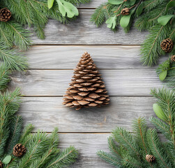 Winter decoration featuring pine branches and cones on rustic wooden background.  White wooden background with green pine branches and cones, creating the space , photo frame 