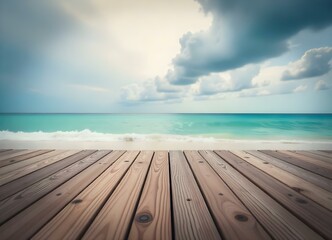 Fototapeta premium A wooden dock overlooking a calm turquoise ocean with a cloudy sky in the background