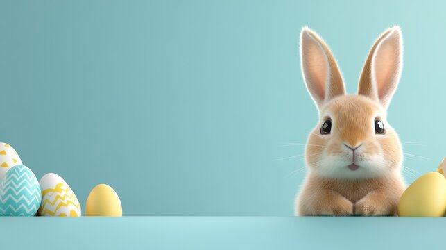 A charming rabbit is perched beside beautifully decorated Easter eggs, embodying the festive spirit of the holiday celebration.