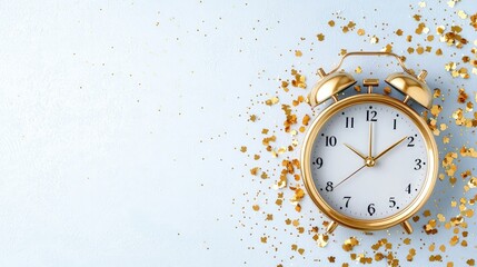 Gold alarm clock on light blue background with gold confetti.