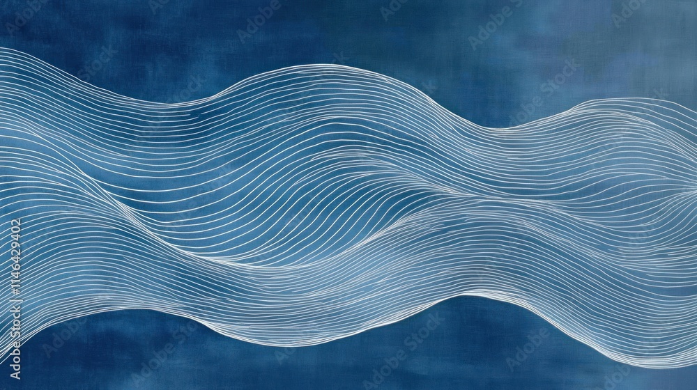 Poster abstract blue waves with white lines creating a serene and flowing design.