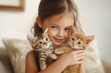 A young girl smiles brightly while holding two playful kittens, one striped and one orange, in a warm, inviting home. The soft lighting enhances the cheerful atmosphere. Girl joyfully cuddling two cat