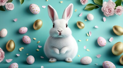 A cheerful white rabbit is positioned in front of a colorful assortment of decorated Easter eggs, symbolizing the joy and celebration of the holiday.