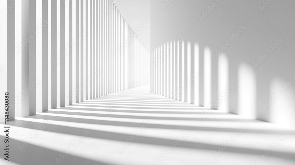 Poster shadows and light create depth in a minimalist white corridor.