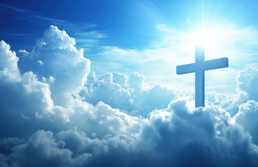 Blue sky, white clouds, and rays of sunlight shining down from the top right corner to the bottom left, creating an atmosphere of hope for life in the name of Jesus Christ, with no other elements.