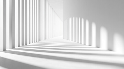 Shadows and light create depth in a minimalist white corridor. 