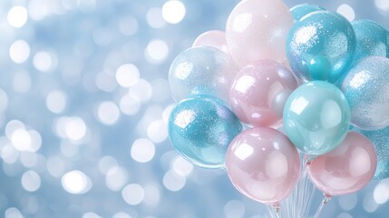 Colorful balloons float in the sky, featuring vibrant blue and pink hues, creating a festive and joyful atmosphere perfect for Easter celebrations.