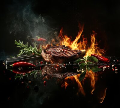 Sizzling Grilled Steak with Flames and Fresh Herbs on Black Background