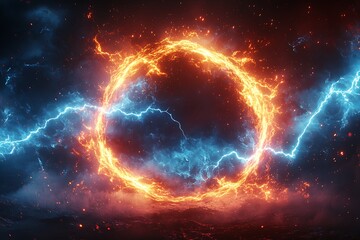 Fototapeta premium Fiery Circle of Lightning: A Dramatic Clash of Fire and Ice