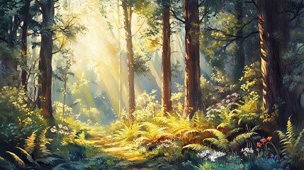 Naklejka premium A picturesque forest scene with sunlight dappling through the branches, highlighting ferns and wildflowers 