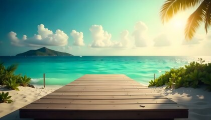 Fototapeta premium A wooden dock overlooking a tropical beach with palm trees, turquoise ocean, and a bright sky with clouds