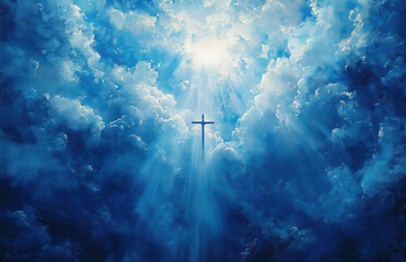 Bright rays of sunlight break through a blue sky filled with fluffy clouds, highlighting a cross that stands as a symbol of hope and faith in a tranquil atmosphere.