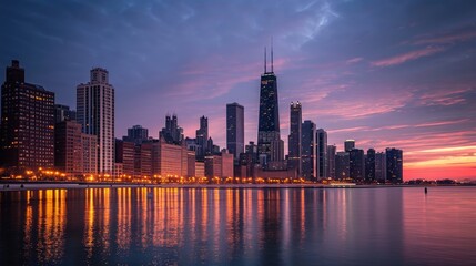 Fototapeta premium Chicago Twilight: Cityscape and Skyscrapers by the Lakefront