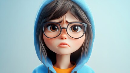 Sad Stressed Cartoon Character Young woman girl in Blue Hoodie in 3D Style on Light Background