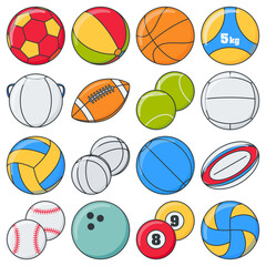 Simple different sport balls in different colors vector illustration, various sport ball vector set, soccer ball, tennis ball, rugby, bowling, perfect for sport project needed