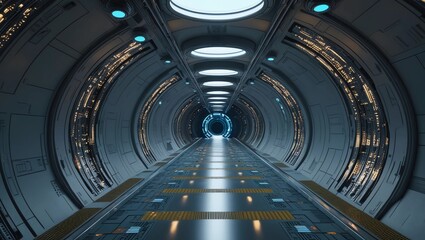 Tunnel sci-fi spaceship corridor. Futuristic technology abstract for tech titles and background. graphic network, big data, data center, server, internet, speed. 3D render