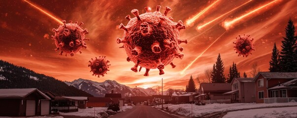 A surreal landscape featuring ominous virus-like entities amidst a fiery sky, blending natural scenery with apocalyptic themes.