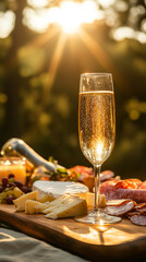 Sparkling Wine Glass with Cheese and Charcuterie Board in Summer Picnic Setting
