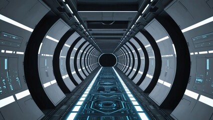Tunnel sci-fi spaceship corridor. Futuristic technology abstract for tech titles and background. graphic network, big data, data center, server, internet, speed. 3D render