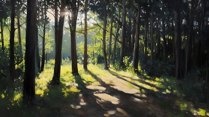 Naklejka premium A tranquil forest illuminated by dappled sunlight, with the interplay of shadows adding depth to the lush scenery 