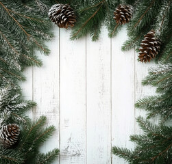A festive arrangement of snow-dusted pine branches and pine cones surrounds a weathered wooden surface. This winter setting evokes a cozy holiday atmosphere.