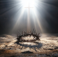 A crown of thorns lies on the ground, surrounded by a softly illuminated atmosphere. A cross is visible in the background, enhancing the spiritual significance of the moment.