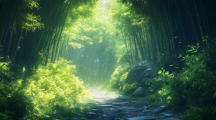 Obraz premium Photo of a path through a bamboo forest surrounded background