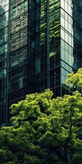 City Tower Oasis: Skyscraper Facade with Lush Green Trees