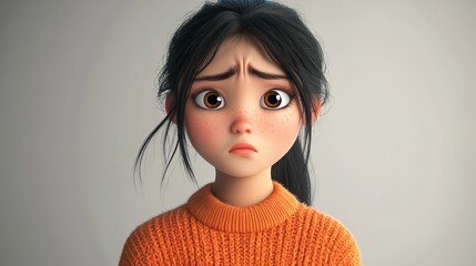 Sad Stressed Cartoon Character Young woman girl in orange sweater in 3D Style on Light Background