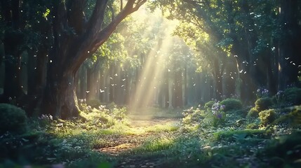 Obraz premium Warm sunlight streaming through a woodland canopy, creating a peaceful and enchanting natural environment 