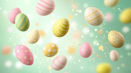 Fototapeta premium A vibrant collection of colorful Easter eggs suspended in mid-air, showcasing intricate designs and cheerful hues, perfect for celebrating the Easter holiday.