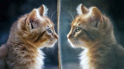 Curious kitten gazes at its own reflection in a glass pane during a sunny afternoon. Generative AI