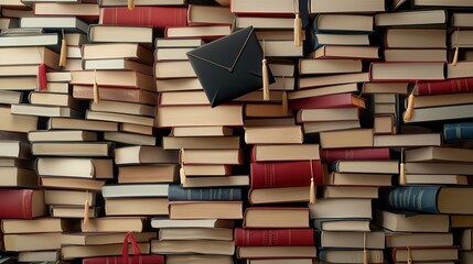 Fototapeta premium Books stacked in piles, with some topped with graduation caps, symbolizing education and academic success imagine abstract expressionism, bold brushstrokes