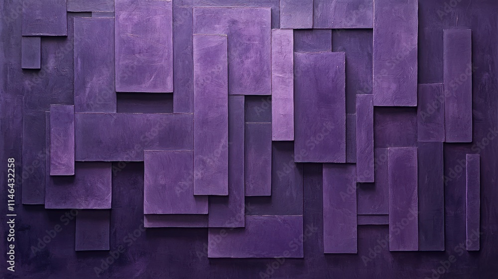 Poster abstract composition of overlapping purple rectangles on a textured background.