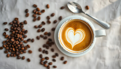 Overhead View of Heart Latte Art in Speckled Ceramic Mug