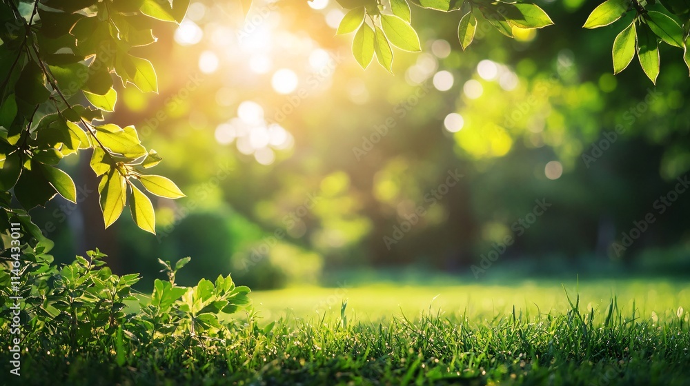 Aufkleber green grass and leaves growing in spring sunlight with bokeh effect