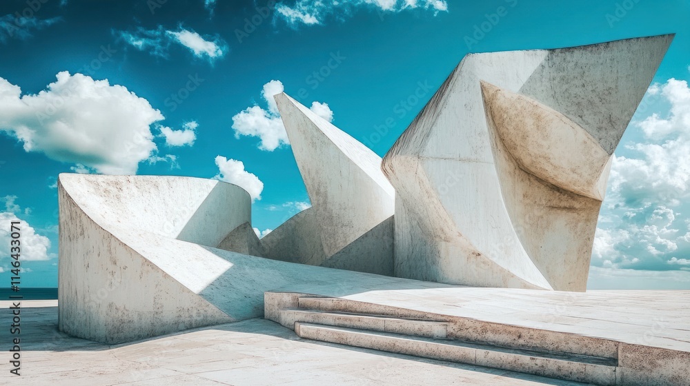Poster abstract concrete sculpture with dynamic shapes against a blue sky and clouds.