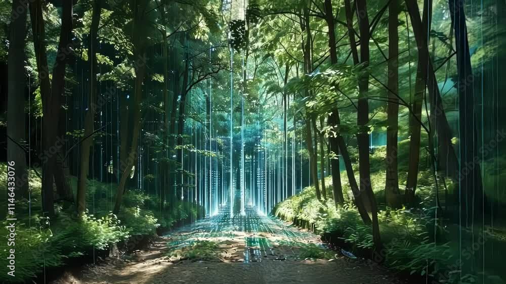 Aufkleber blue code lights a path in a green forest, blending brain tech with nature. evokes progress and brai