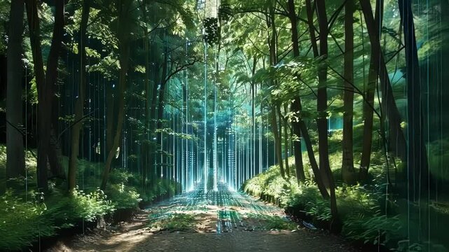 Blue code lights a path in a green forest, blending brain tech with nature. Evokes progress and brain enhancement potential