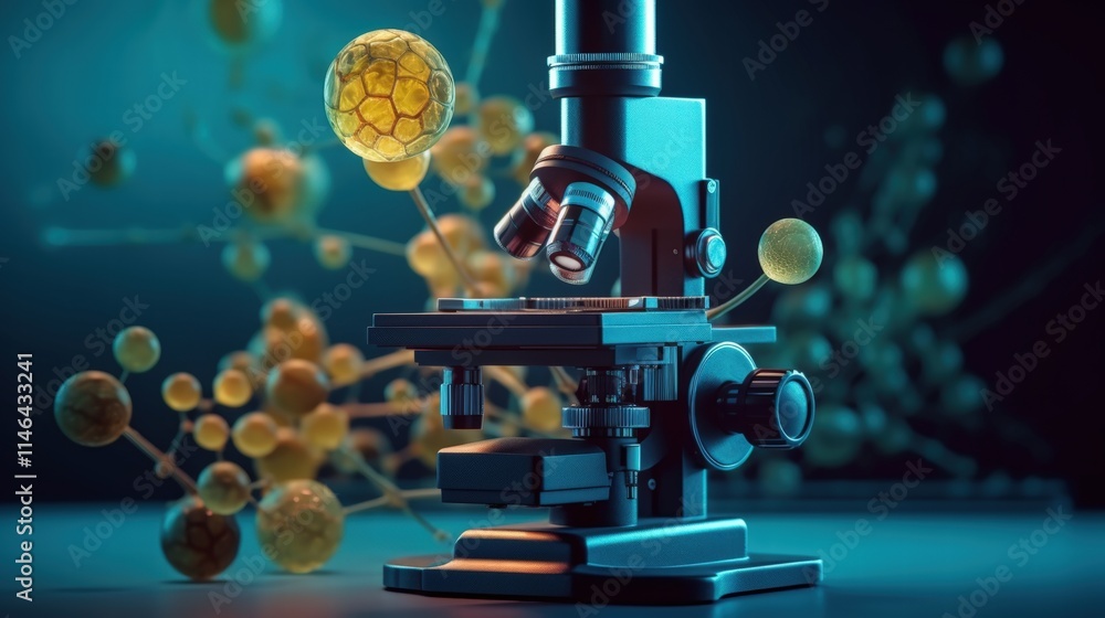 Poster high-resolution scientific microscope with cellular structures in background for advanced research a